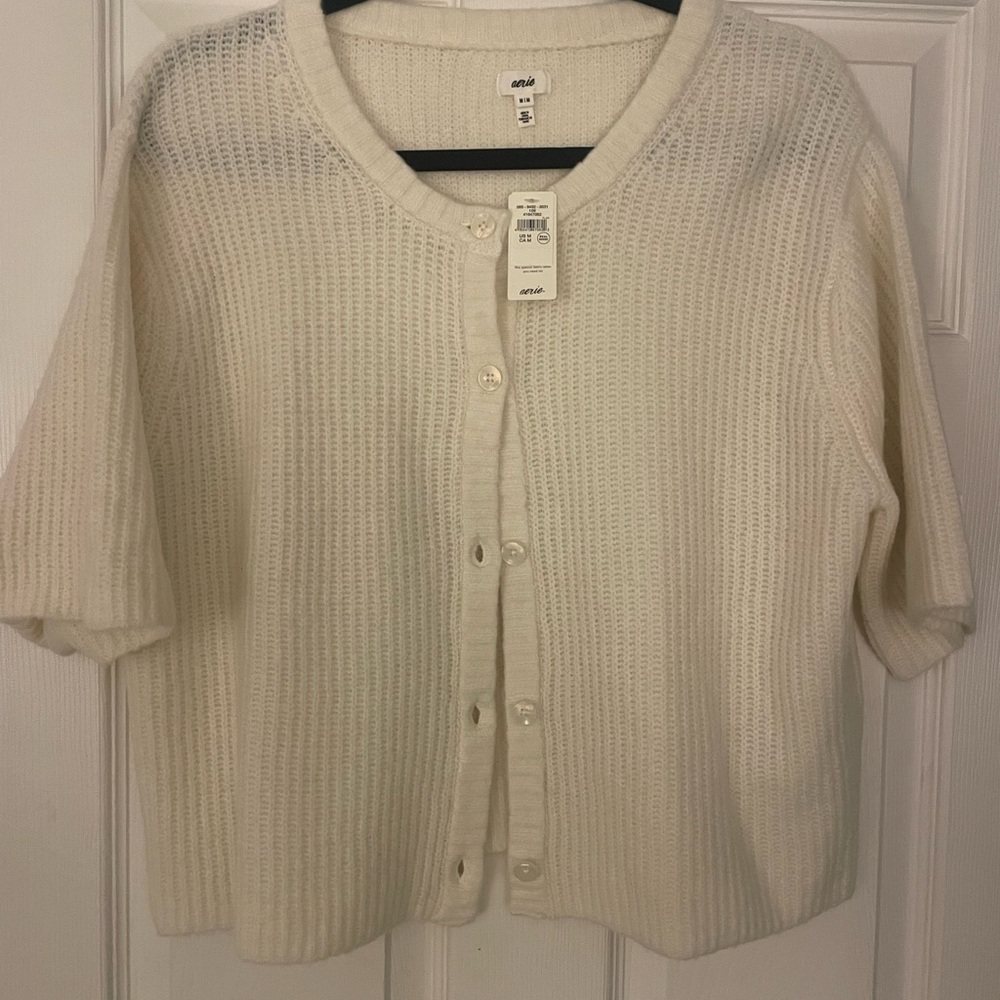 Aerie White Knit Button-Up Cardigan